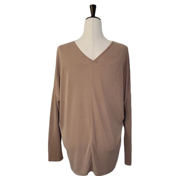 Active USA Heathered Tan V-neck Crisscross Drop Sleeve Stretchy Top Size L - Picture 3 of 7